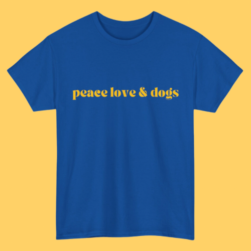 PEACE LOVE & DOGS T-SHIRT- BLUE + YELLOW