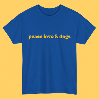 PEACE LOVE & DOGS T-SHIRT- BLUE + YELLOW