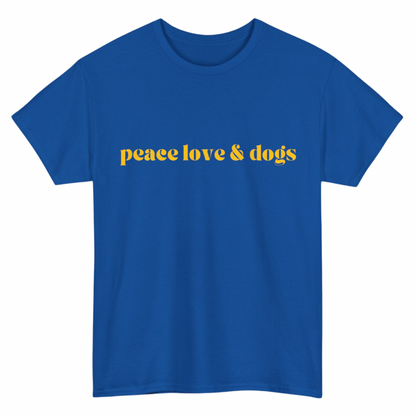 PEACE LOVE & DOGS T-SHIRT- BLUE + YELLOW