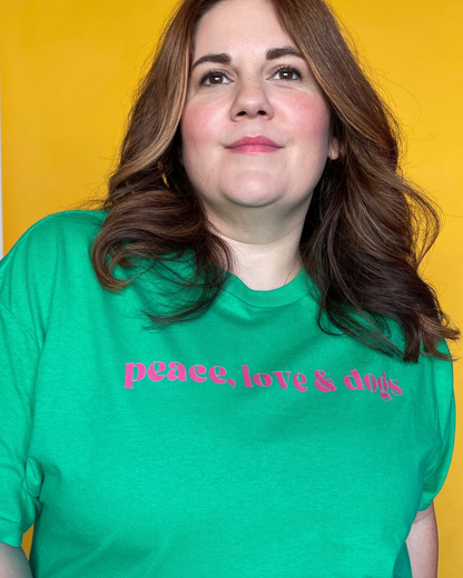 PEACE LOVE & DOGS T-SHIRT- GREEN + PINK