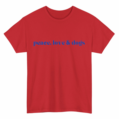 PEACE LOVE & DOGS T-SHIRT - RED + BLUE