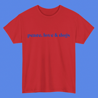 PEACE LOVE & DOGS T-SHIRT - RED + BLUE